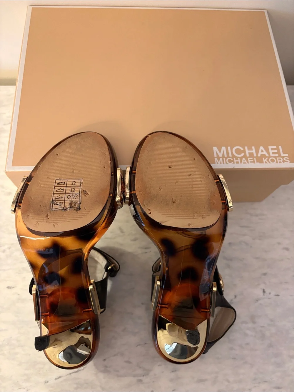 Michael Kors Black Leather Lani Sandals with Gold Accents size 9